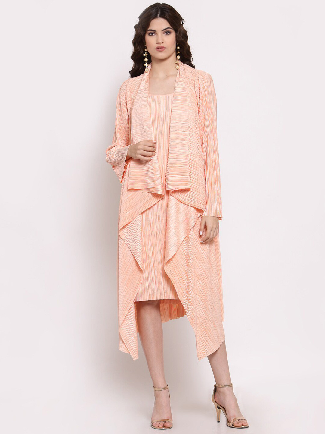 LELA Women Peach-Coloured Longline Satin Waterfall Shrug