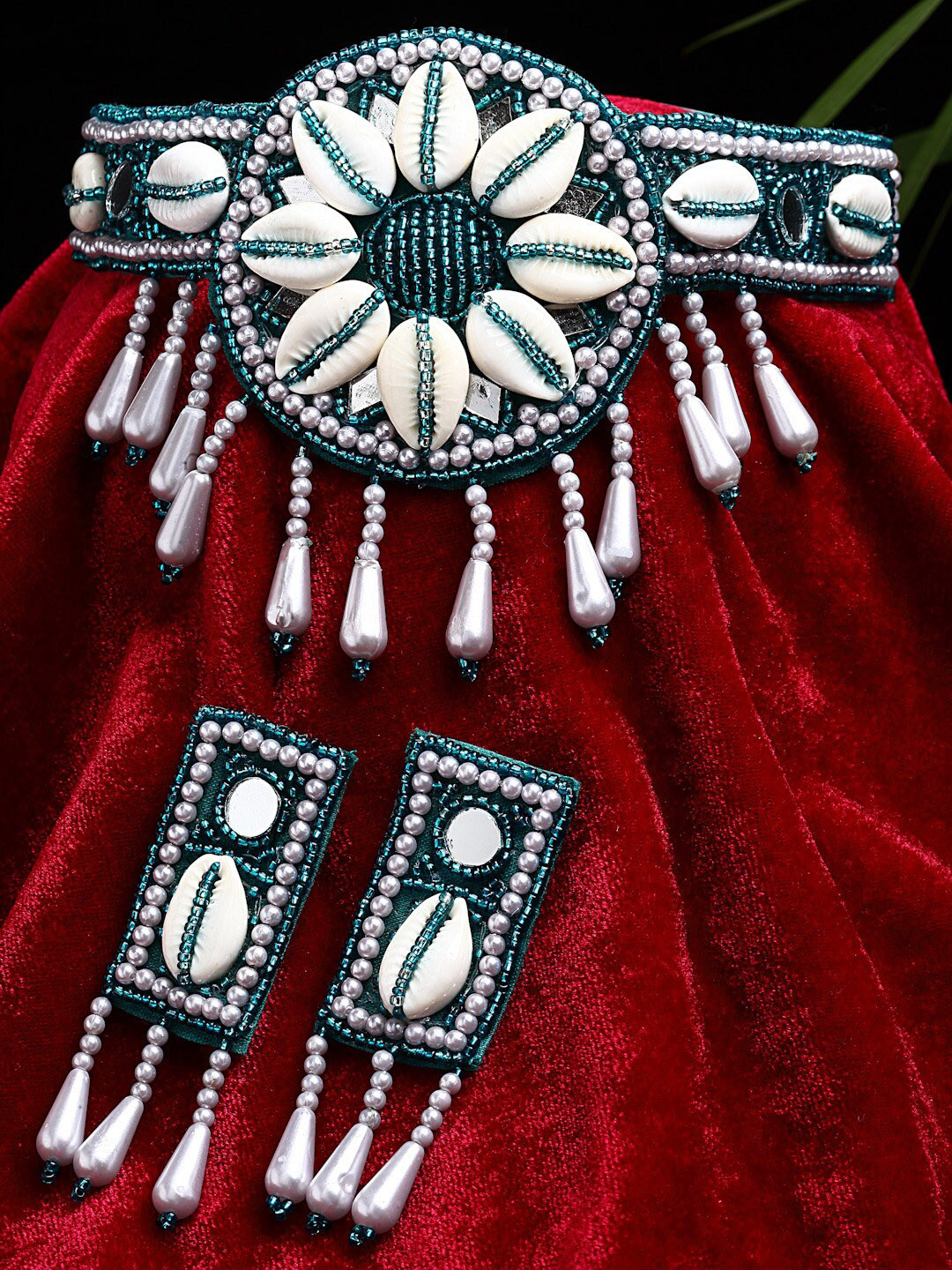 Sargi Silver-Plated Teal Green & White Cowri Studded Tasselled Design Jewellery Set