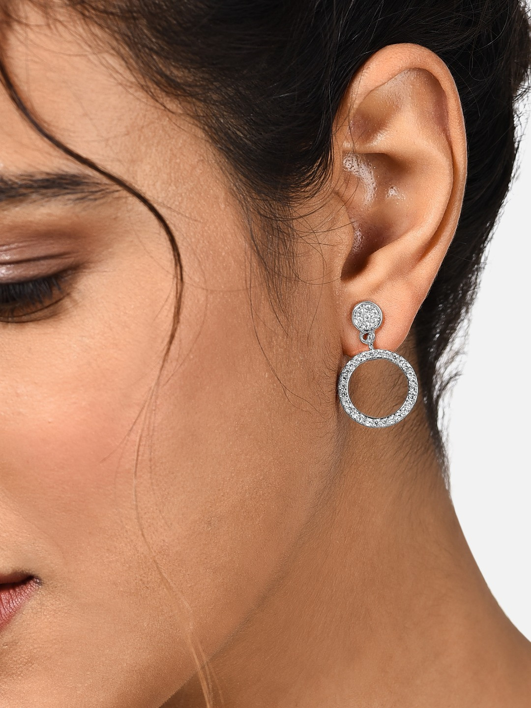 AMI White Silver-Plated Cubic Zirconia Studded Contemporary Circular Hollow Drop Earrings