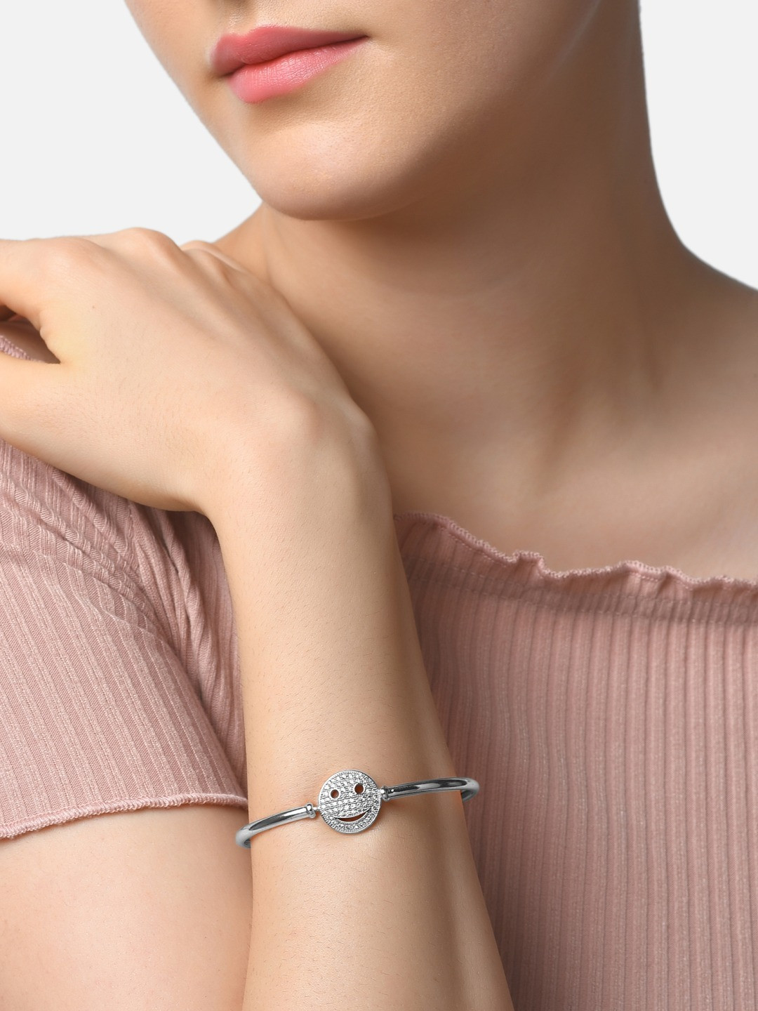 AMI Women Silver-Plated & White Brass Cubic Zirconia Smiley Face Kada Bracelet
