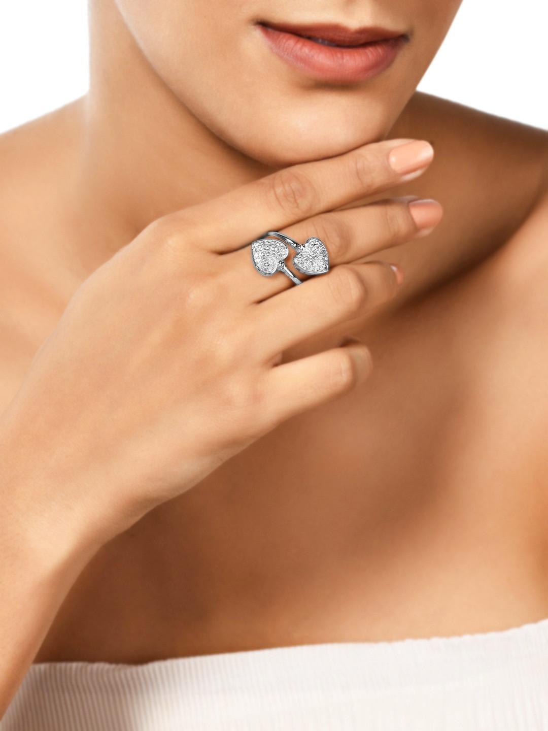 AMI Silver-Plated White Cubic Zirconia Studded Heart-Shaped Adjustable Double Finger Ring