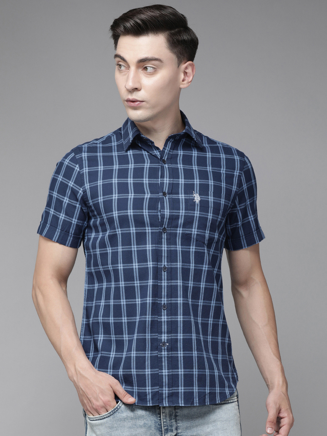 U.S. Polo Assn. Men Navy Blue Tailored Fit Checked Pure Cotton Casual Shirt