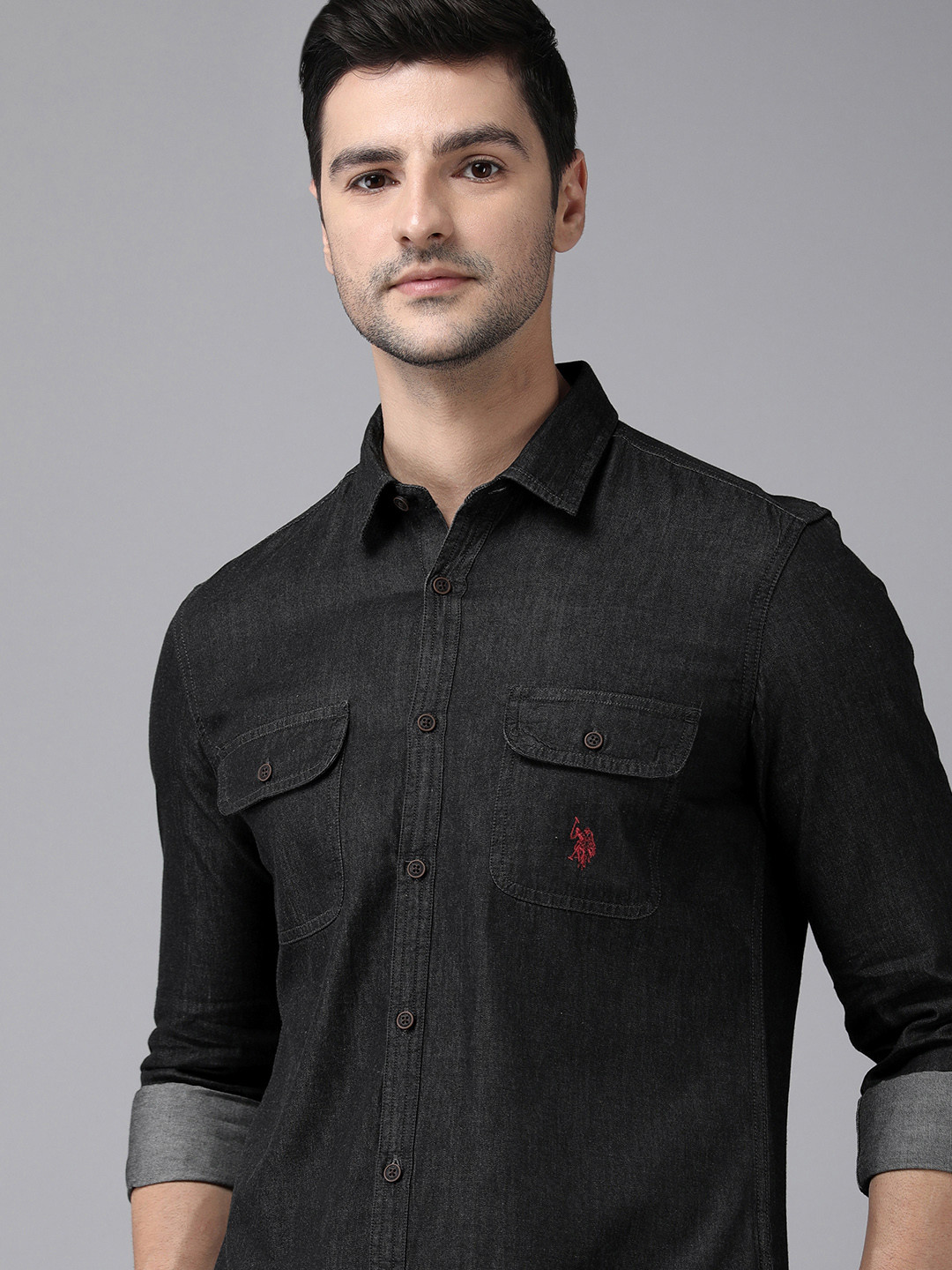 U S Polo Assn Denim Co Men Charcoal Grey Solid Casual Chambray Shirt