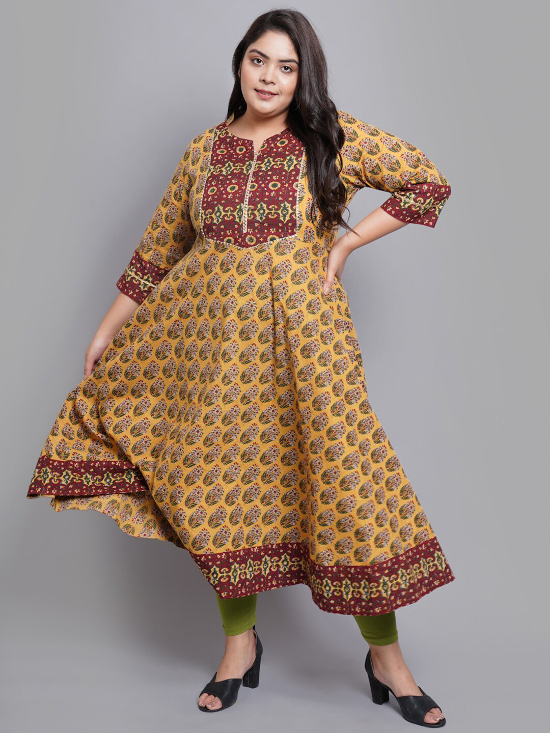 YASH GALLERY Women Mustard Yellow & Red Floral Plus Size Block Print Anarkali Kurta