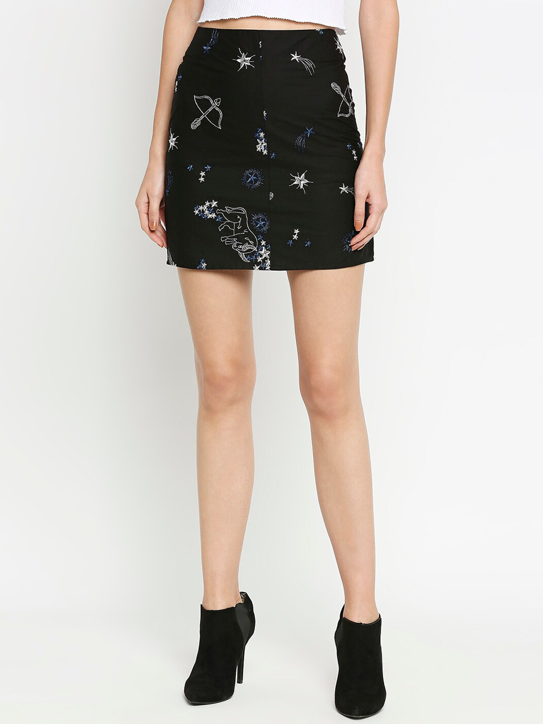 aaliya Women Sequinned Black & White Embroidered Mini Pencil Skirt