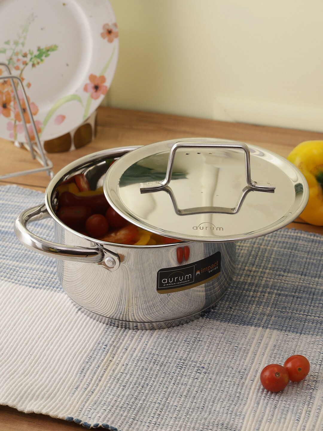 AURUM Silver-Toned Solid Induction Base Kadai With Lid