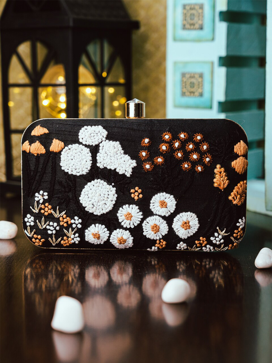 NR By Nidhi Rathi Women Black Hand Embroidered Box Clutch