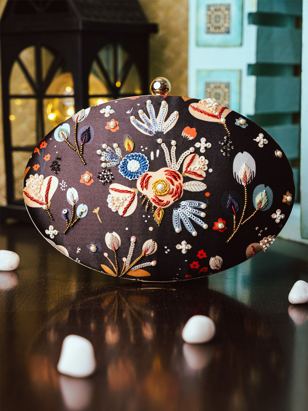 NR By Nidhi Rathi Brown & Blue Embroidered Embellished Box Clutch