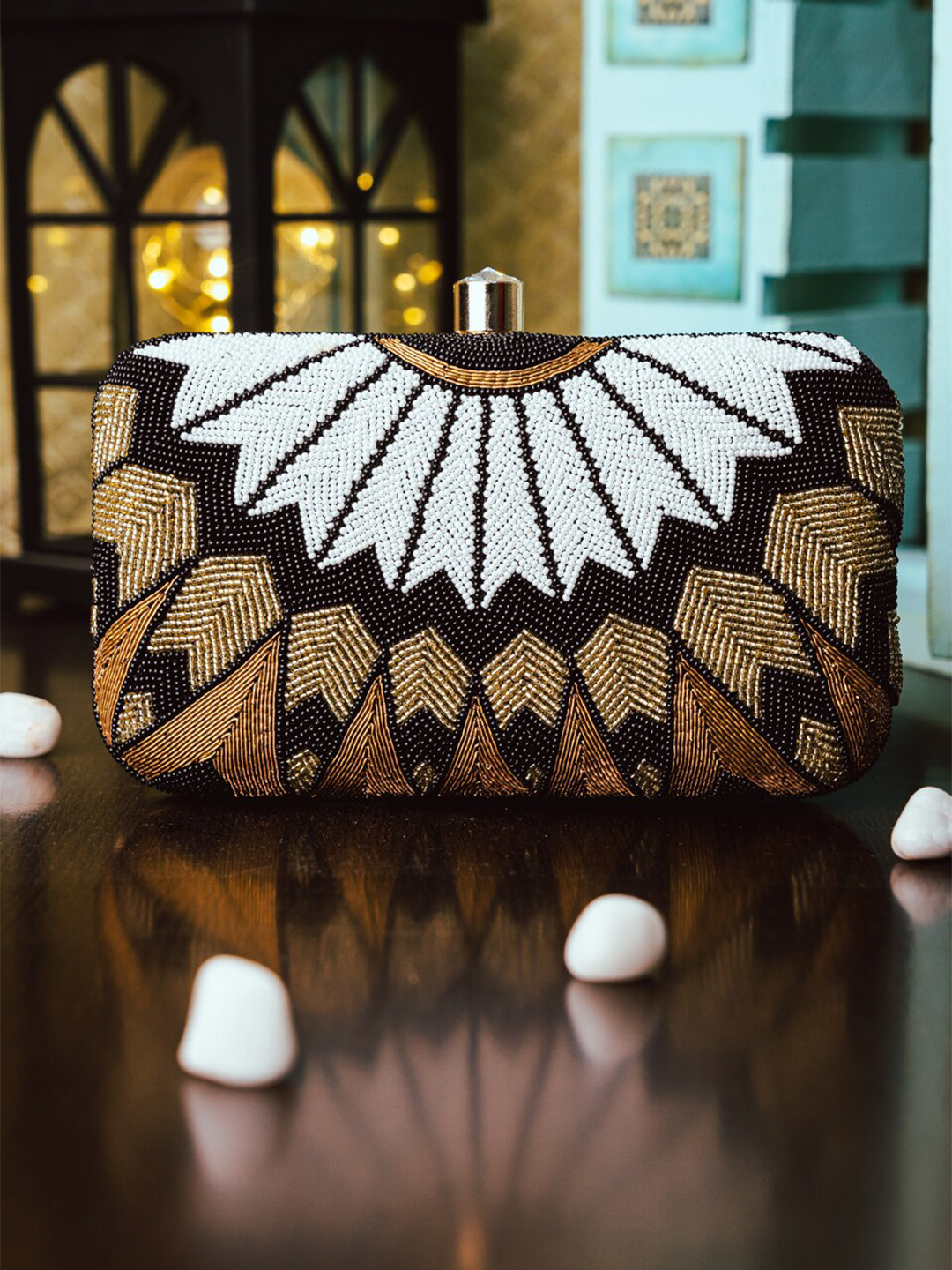 NR By Nidhi Rathi Black & White Hand Embroidered Box Clutch