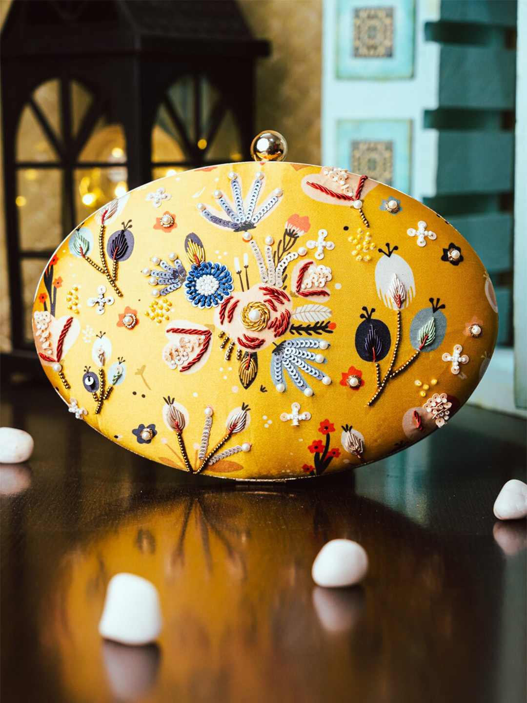 NR By Nidhi Rathi Yellow & Red Embellished Box Clutch