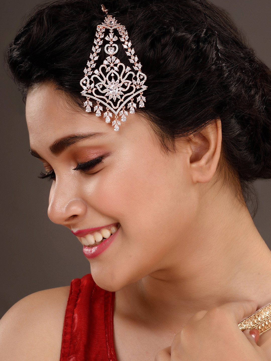 Saraf RS Jewellery Rose Gold-Plated White AD-Studded Jhumar Passa