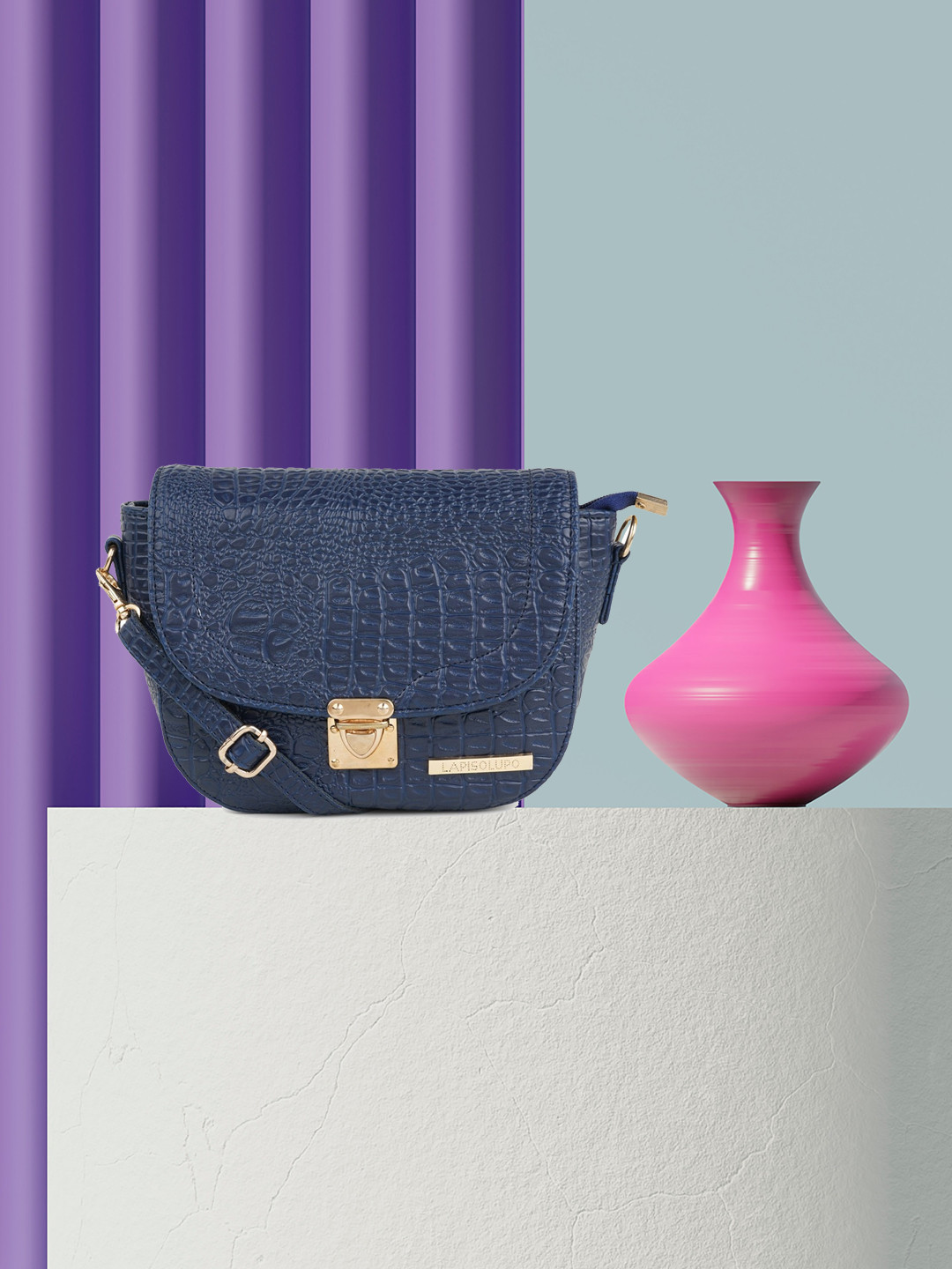 Lapis O Lupo Blue Textured Half Moon Sling Bag with Bow Detail