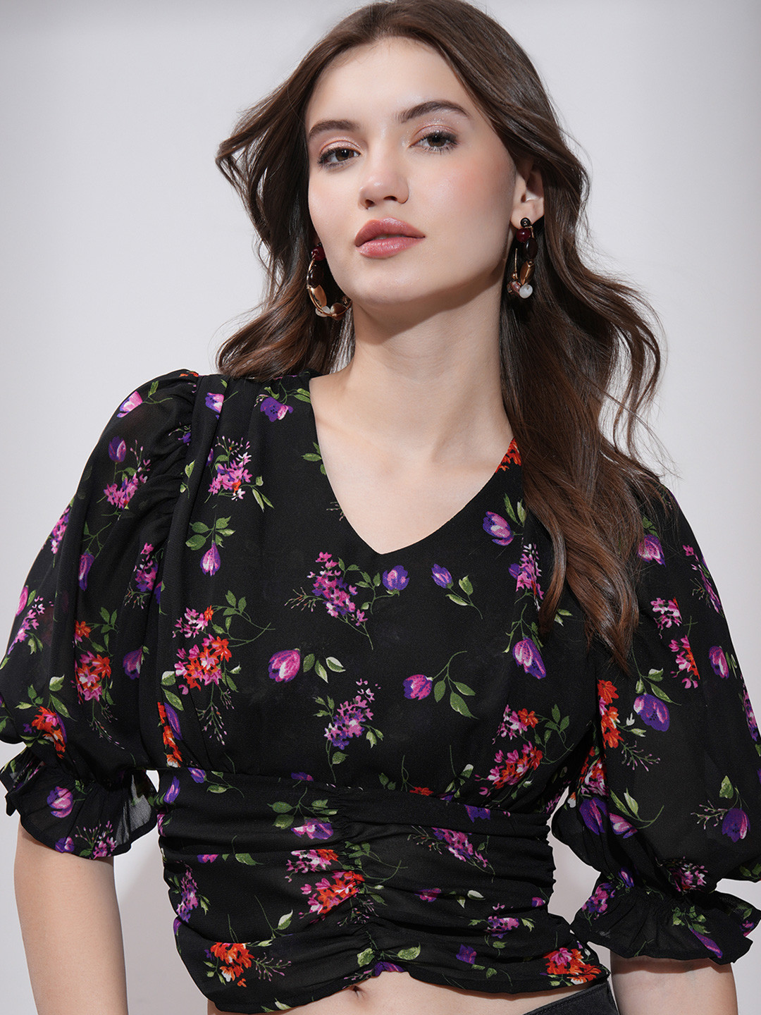 Tokyo Talkies Black & french middle red purple Floral Print Wrap Top