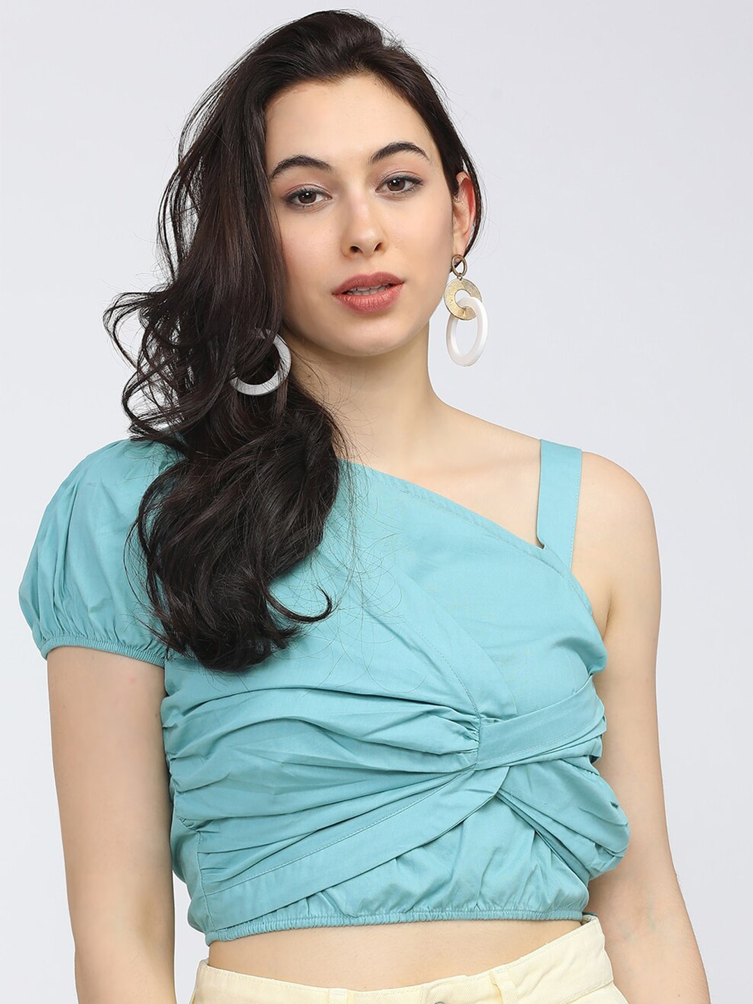 Tokyo Talkies Teal & apricot gelato One Shoulder Crop Top