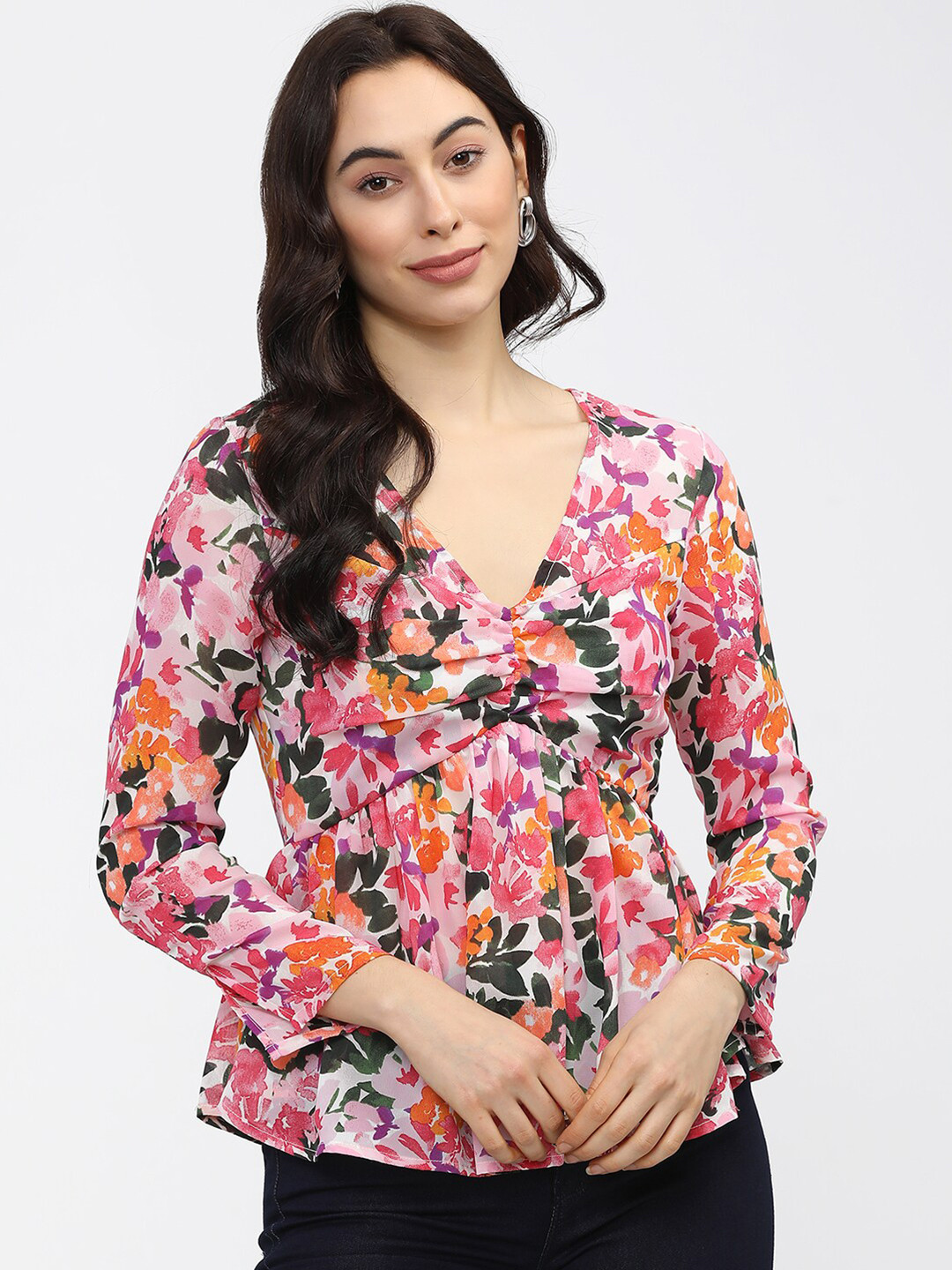 Tokyo Talkies Pink & tender peach Floral Print Wrap Top