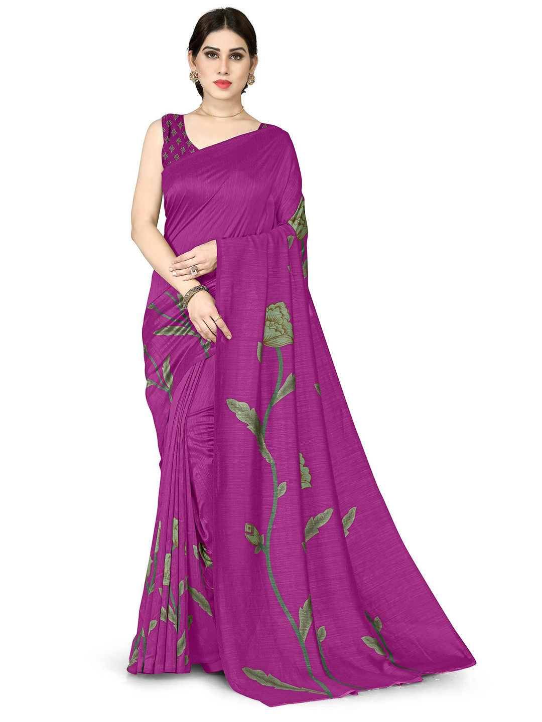 KALINI Purple & Green Floral Silk Blend Bagh Saree