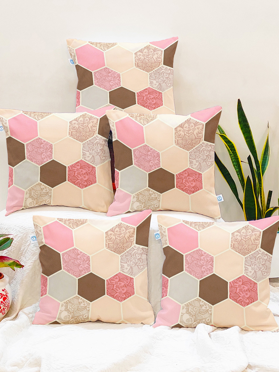 STITCHNEST Set of 5 Peach Geometric 18'' x 18'' Cushion Cover
