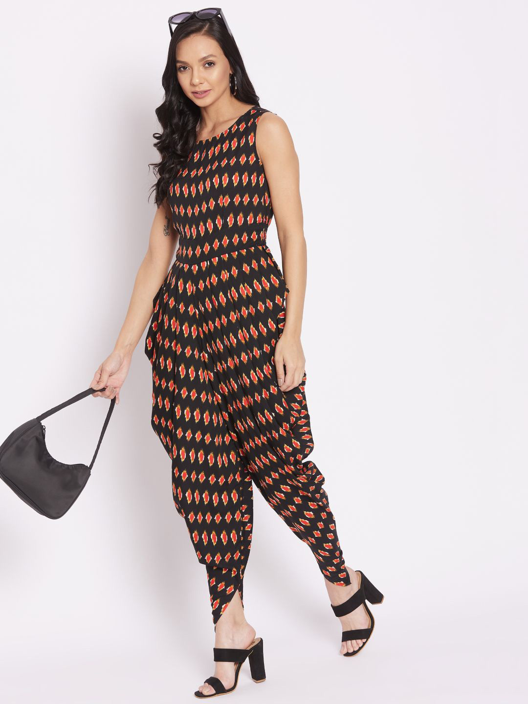 Uptownie Lite Women Black & Red Ethnic Motifs Printed Dhoti Jumpsuit
