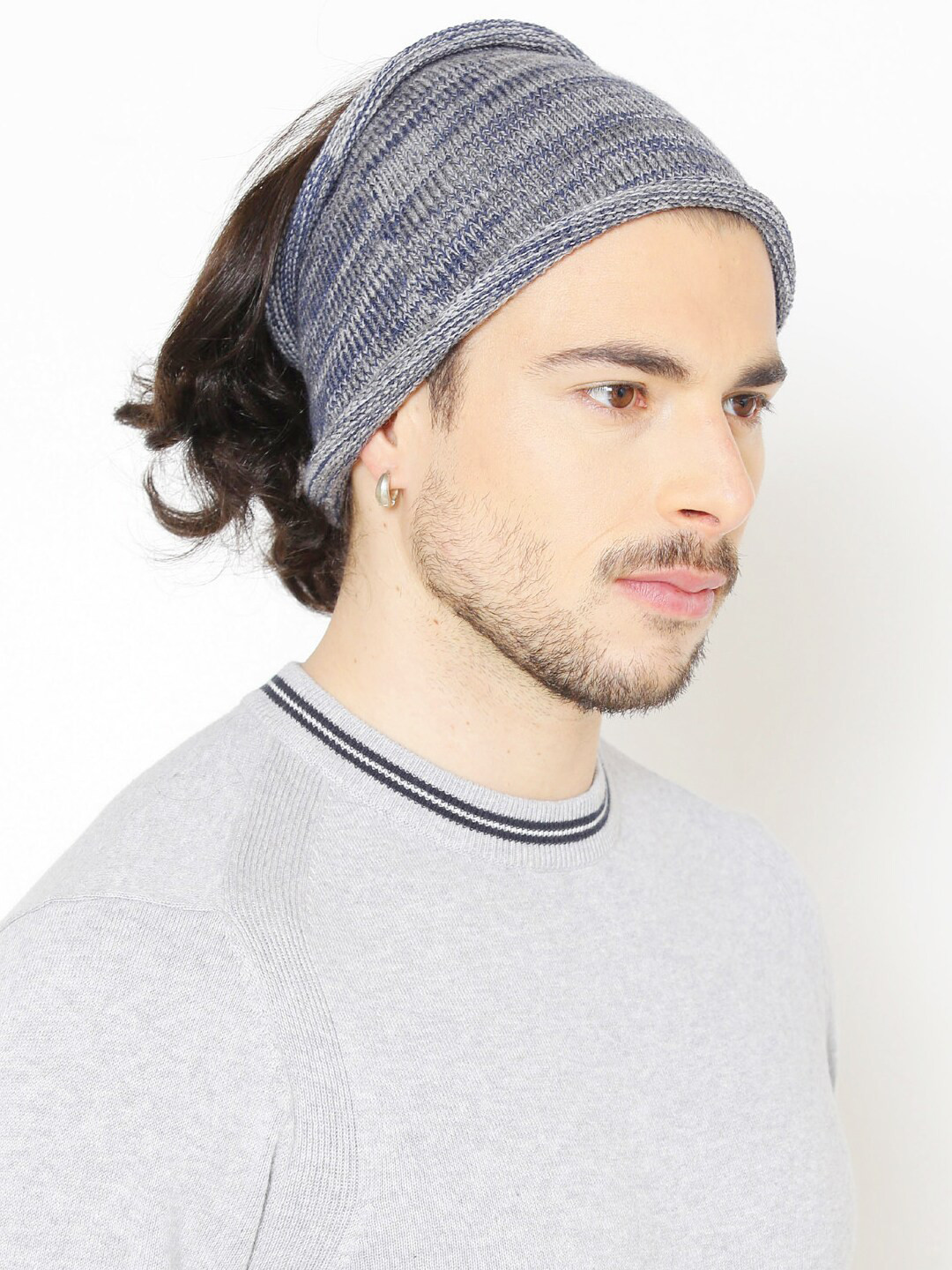 Bharatasya Men Blue Acrylic Wool Knitted Ski Headband With Rolled Edges