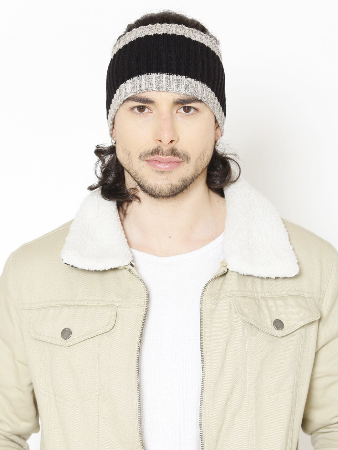 Bharatasya Men Black & Grey Ribbed knitted Headband