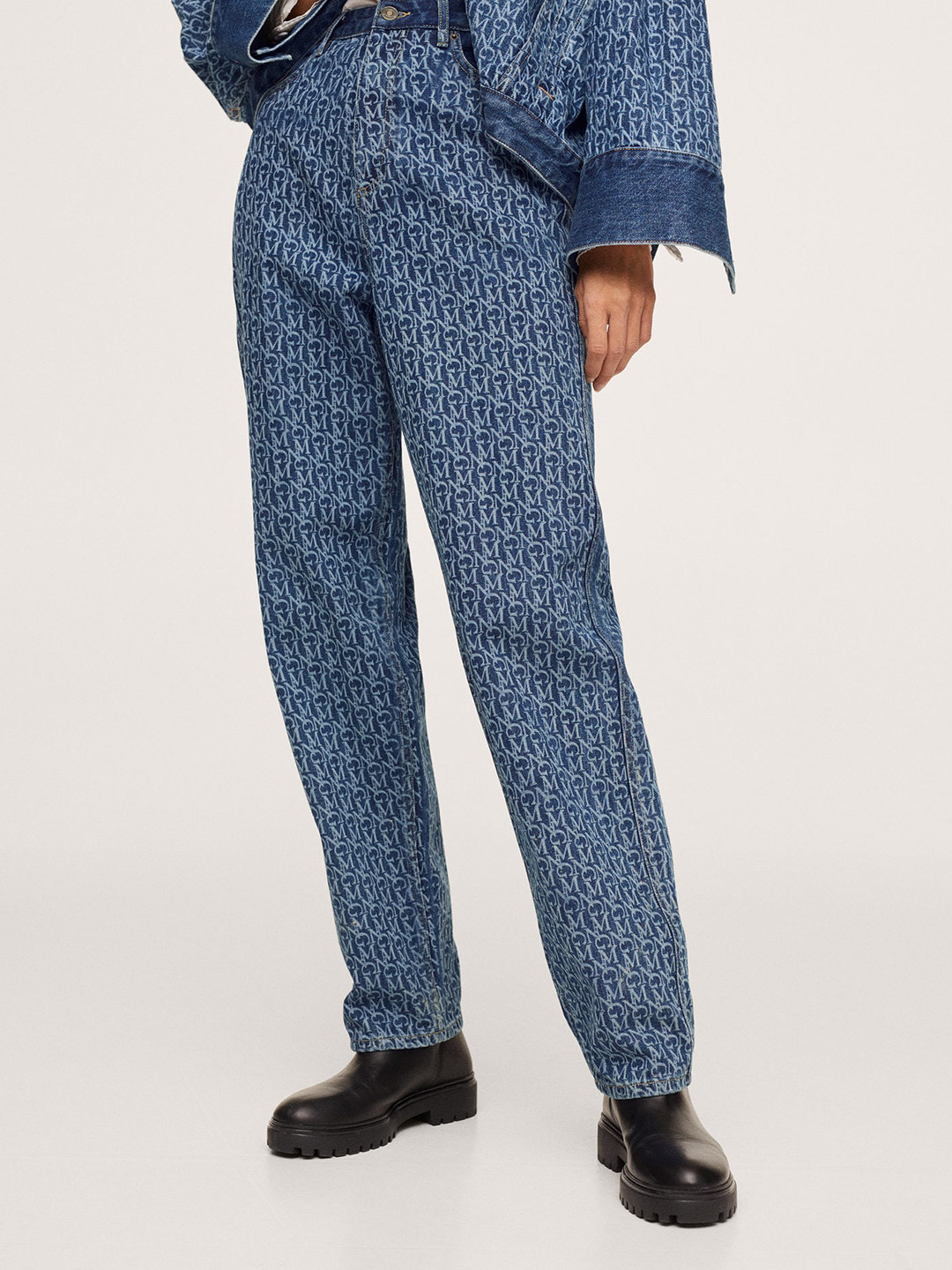 MANGO Women Blue Pure Cotton Printed Tapered Fit High-Rise Printed Jeans