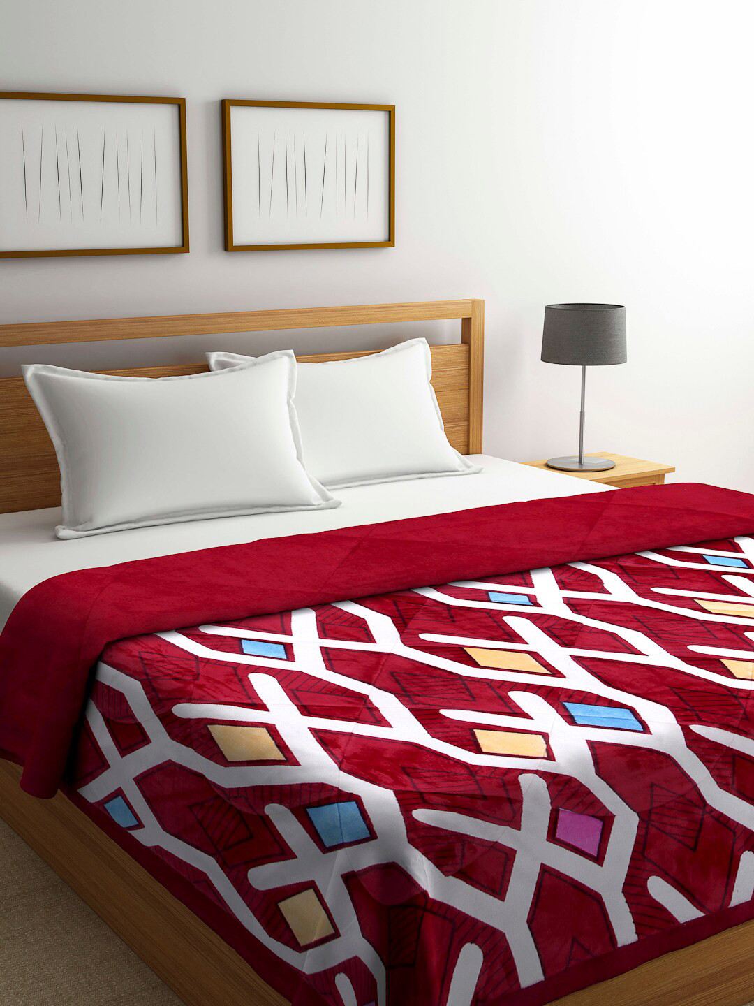 KLOTTH Red Geometric Printed Mild Winter 800 GSM Fur Double Bed Quilt