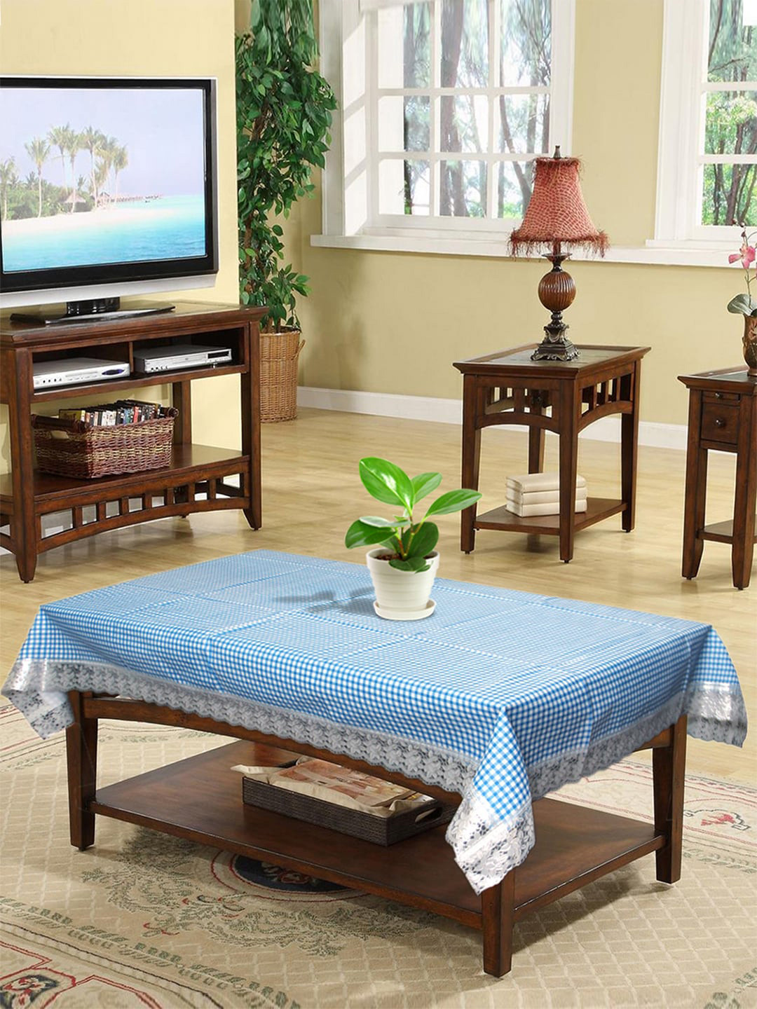 Kuber Industries Blue & White Checked Table Cover