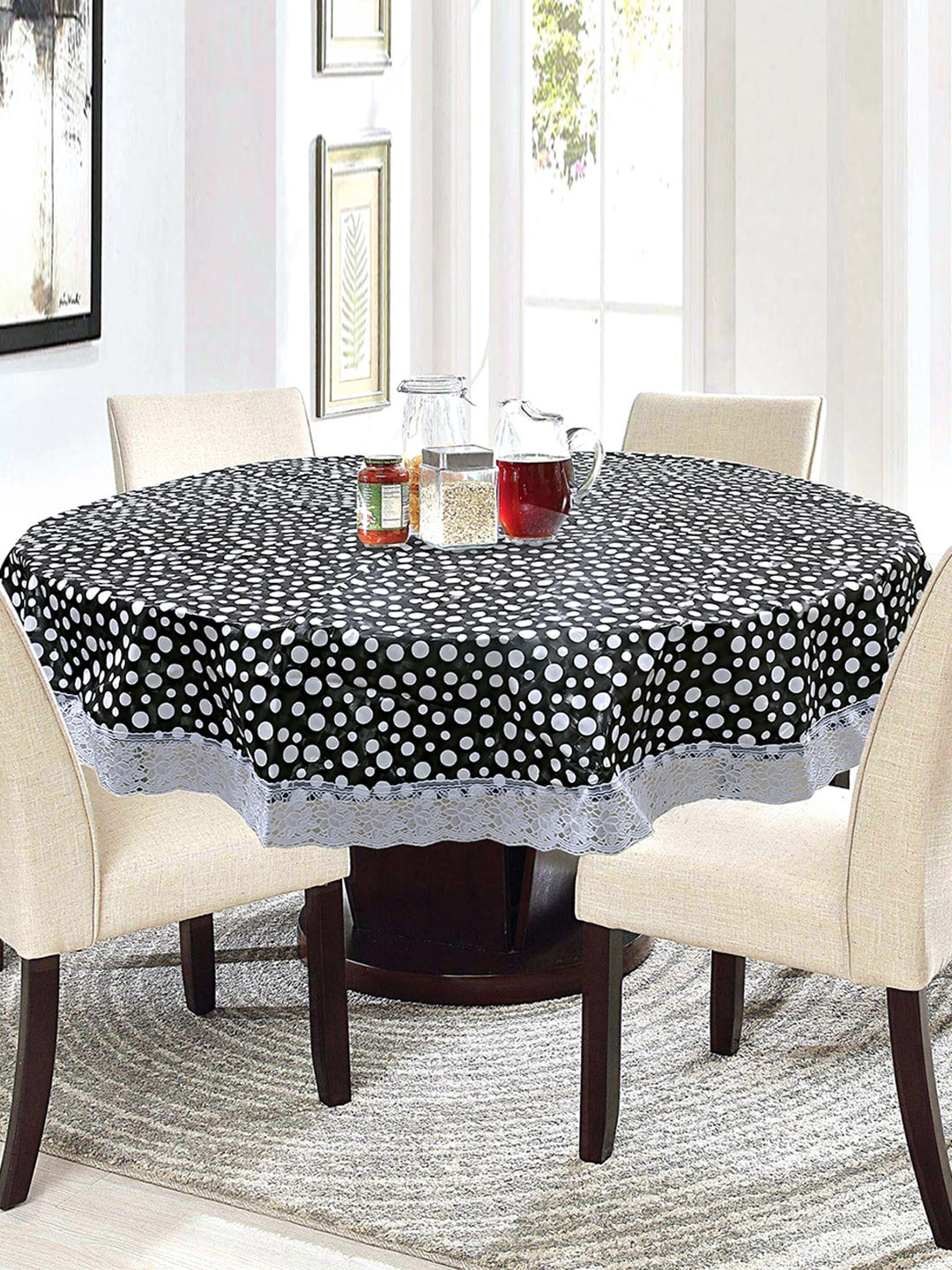 Kuber Industries Black & White Printed 6 Seater Round Table Cover