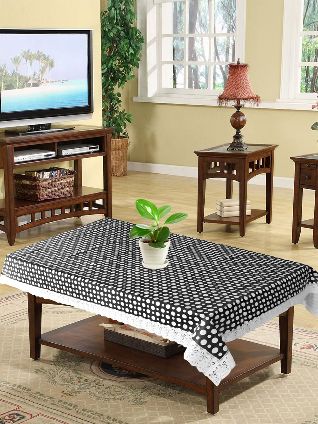 Kuber Industries Black & White Polka Dots Printed Waterproof Table Cover