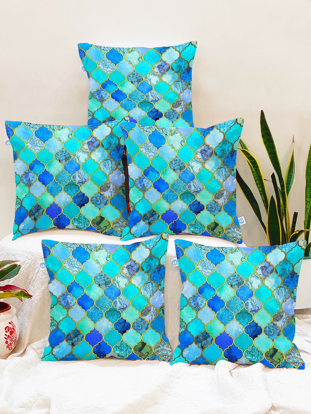 STITCHNEST Set of 5 Blue & Green Geometric 12'' x 12'' Cushion Cover