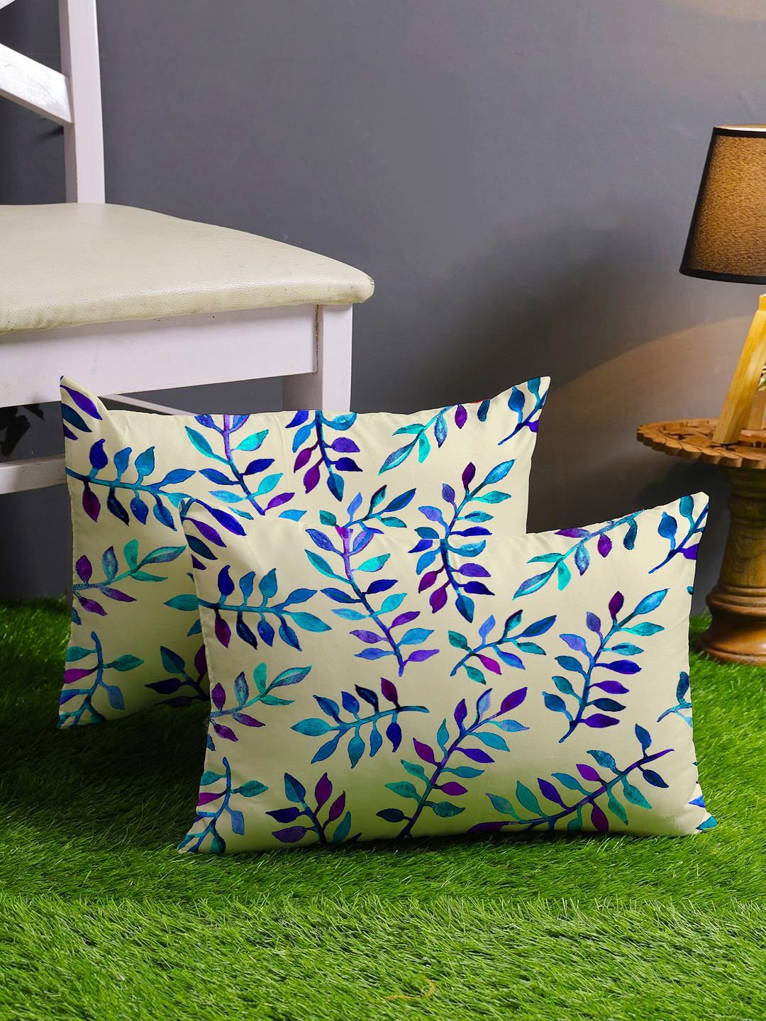 STITCHNEST Oak Blue Leaf Cotton Lightweight 2 Pcs Rectangle Cushion Covers - 12 x 18 In
