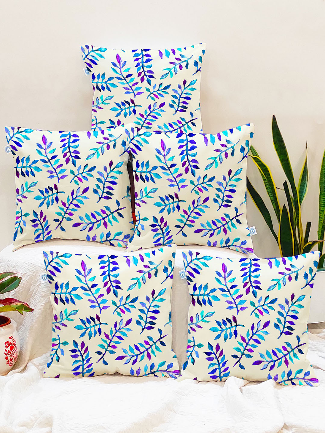 STITCHNEST Set of 5 Blue Floral 16'' x 16'' Cushion Cover