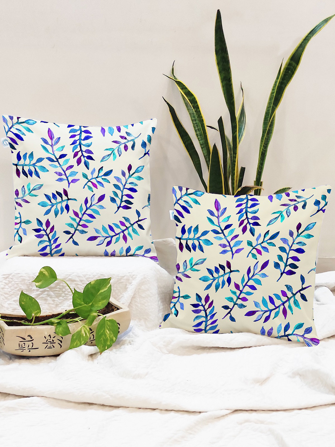 STITCHNEST Oak Leaf Cotton 2 Pcs Square Cushion Covers - 16 x 16 In