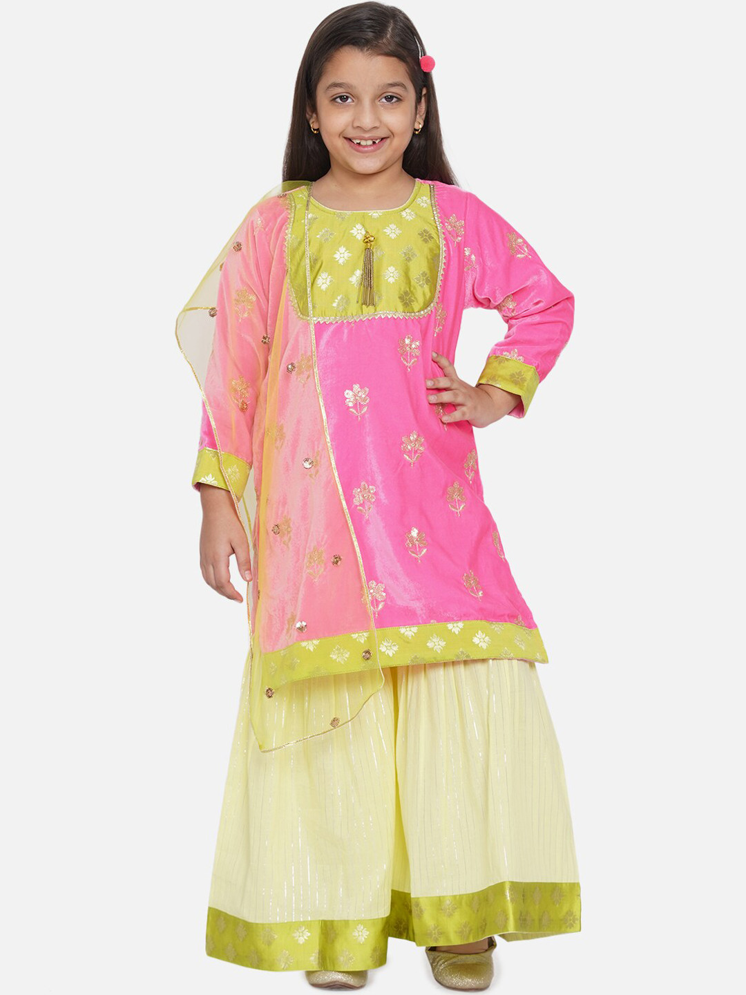 Little Bansi Girls Pink Ethnic Motifs Embroidered Sequinned Velvet Kurta with Sharara & With Dupatta