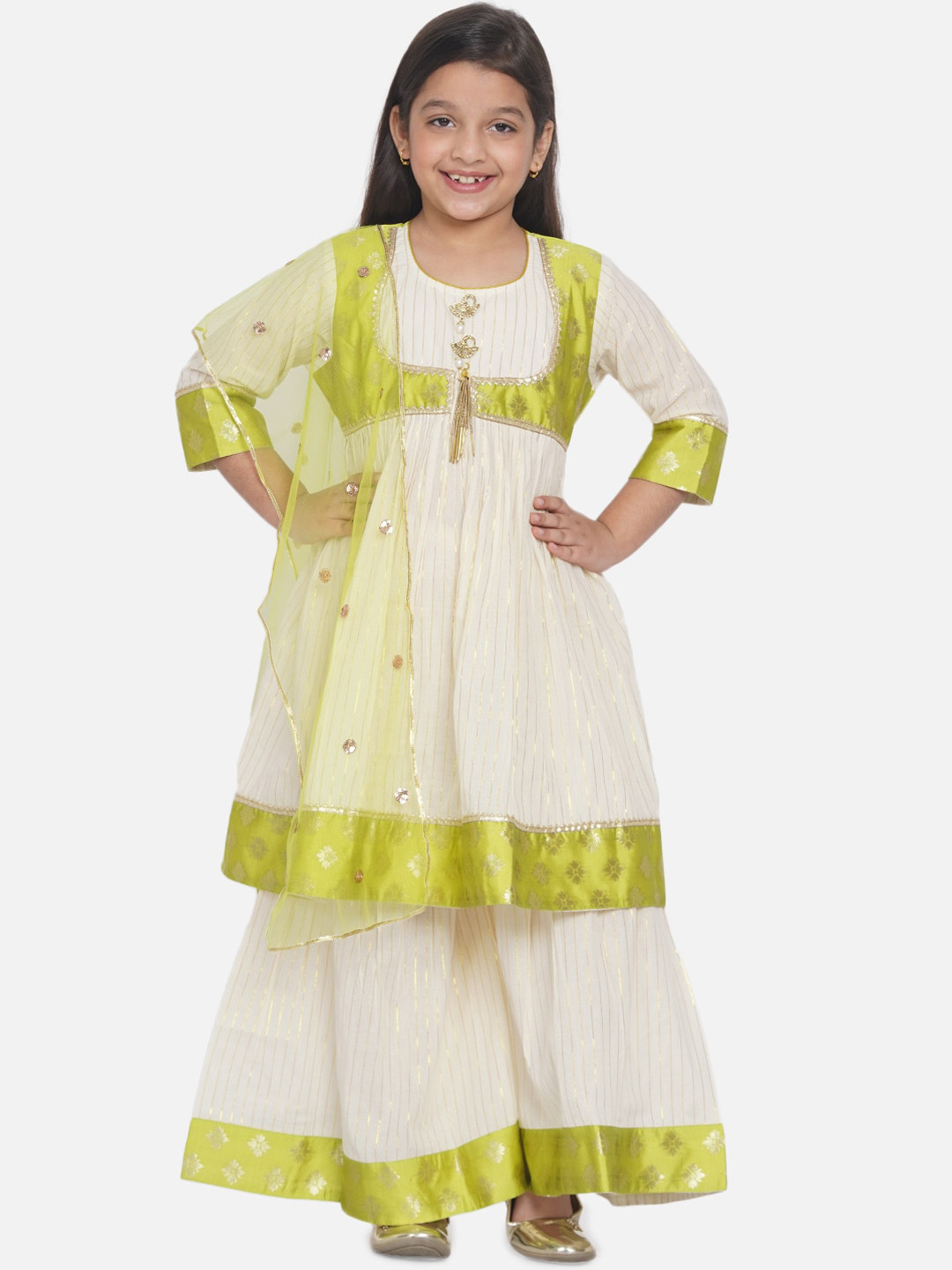 Little Bansi Girls Cream-Coloured & Lime Green Paisley Kurti & Sharara & Net Dupatta