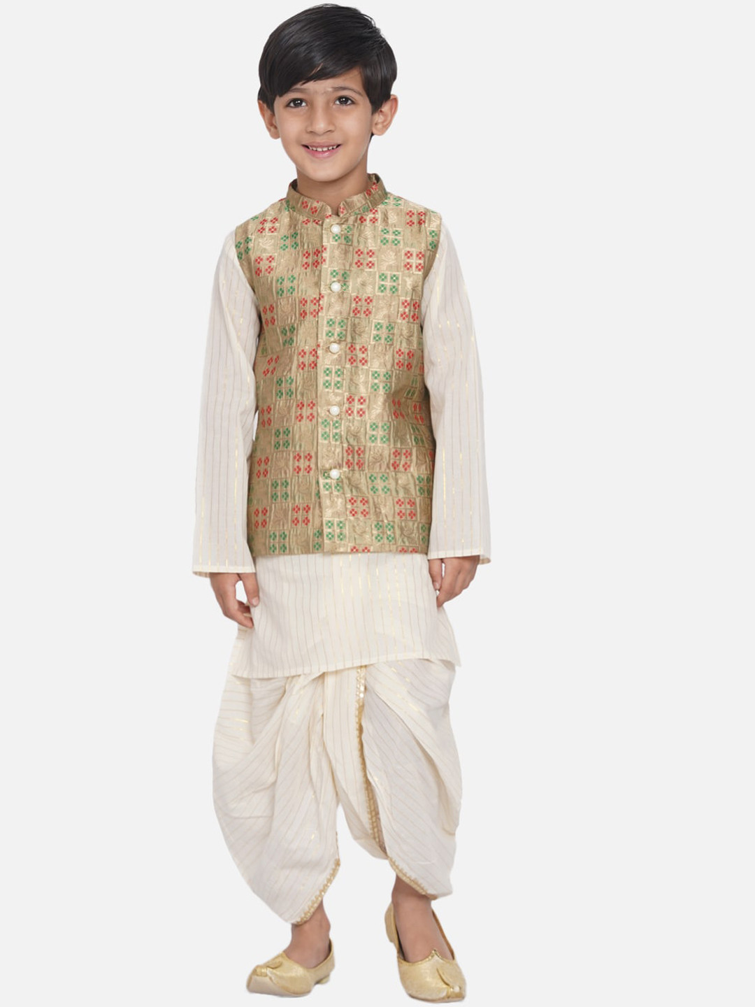 Little Bansi Boys Beige Striped Gotta Patti Kurta with Dhoti Pants