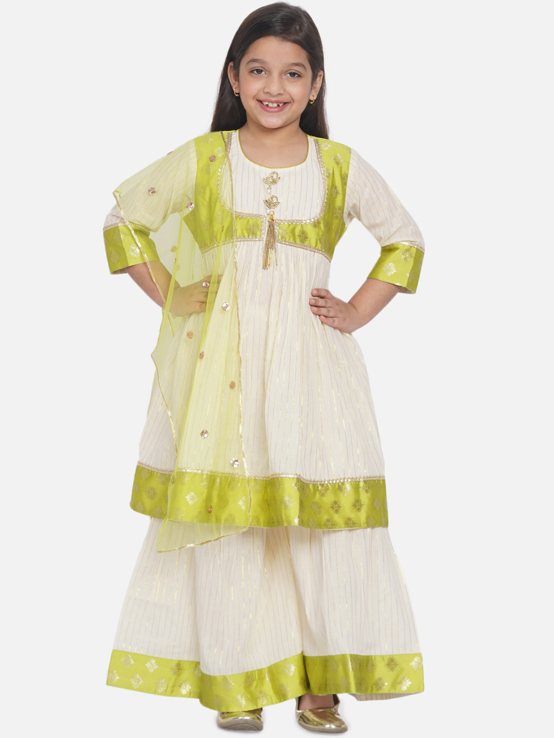 Little Bansi Girls Cream-Coloured Empire Kurti with Sharara & With Dupatta