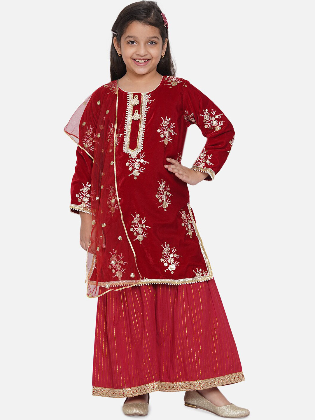 Little Bansi Girls Red Floral Embroidered Pleated Sequinned Velvet Kurti with Sharara & With Dupatta