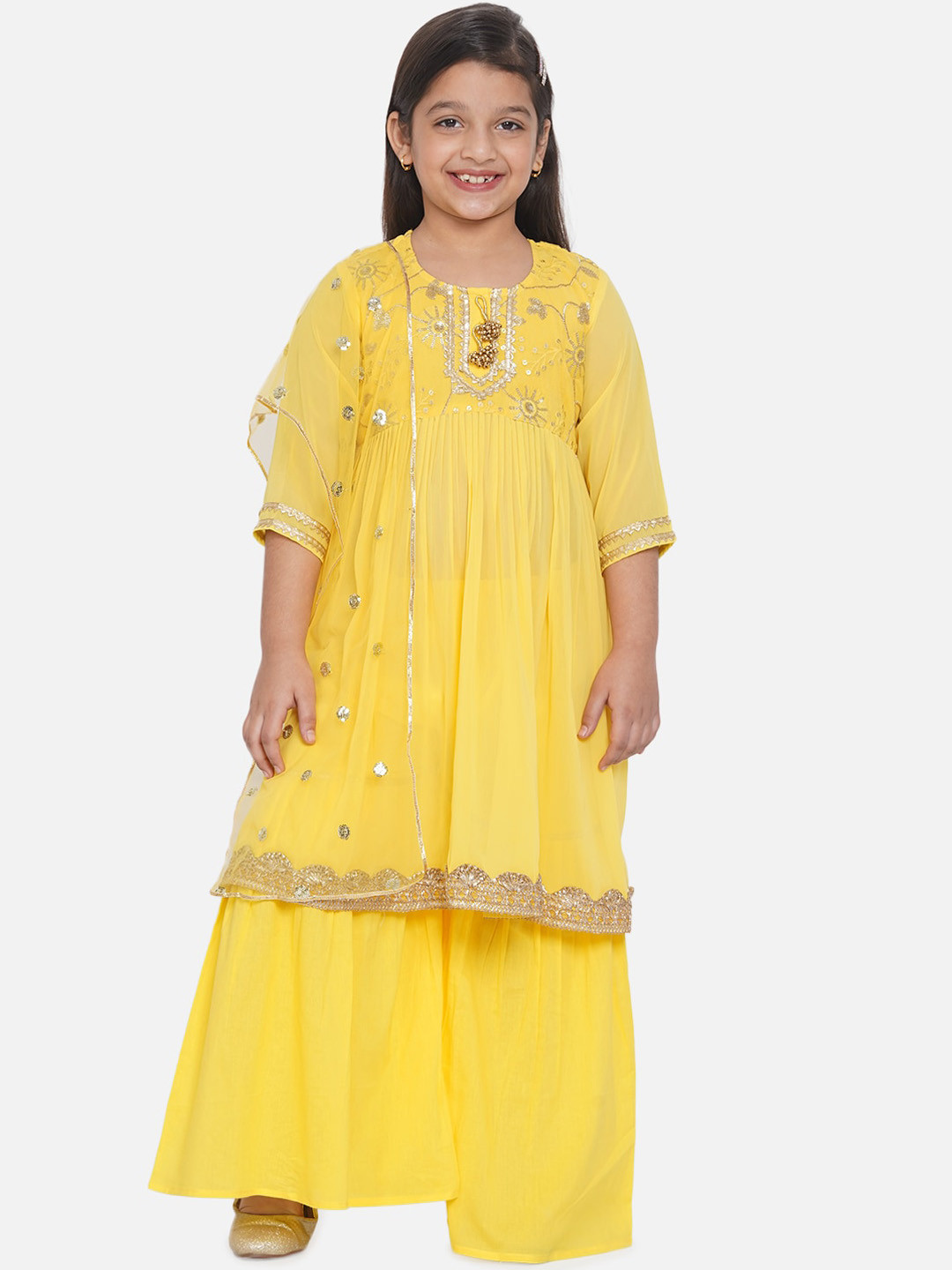 Little Bansi Girls Yellow & Gold-Coloured Embroidered Gotta Kurta with Sharara & Dupatta