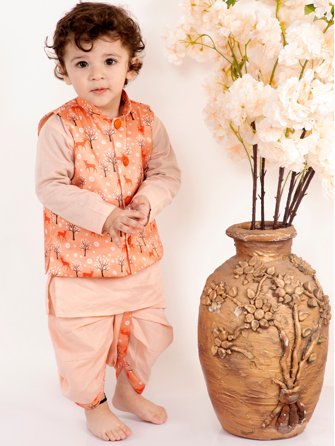 Little Bansi Boys Peach-Coloured Printed Layered Kurta with Dhoti Pants