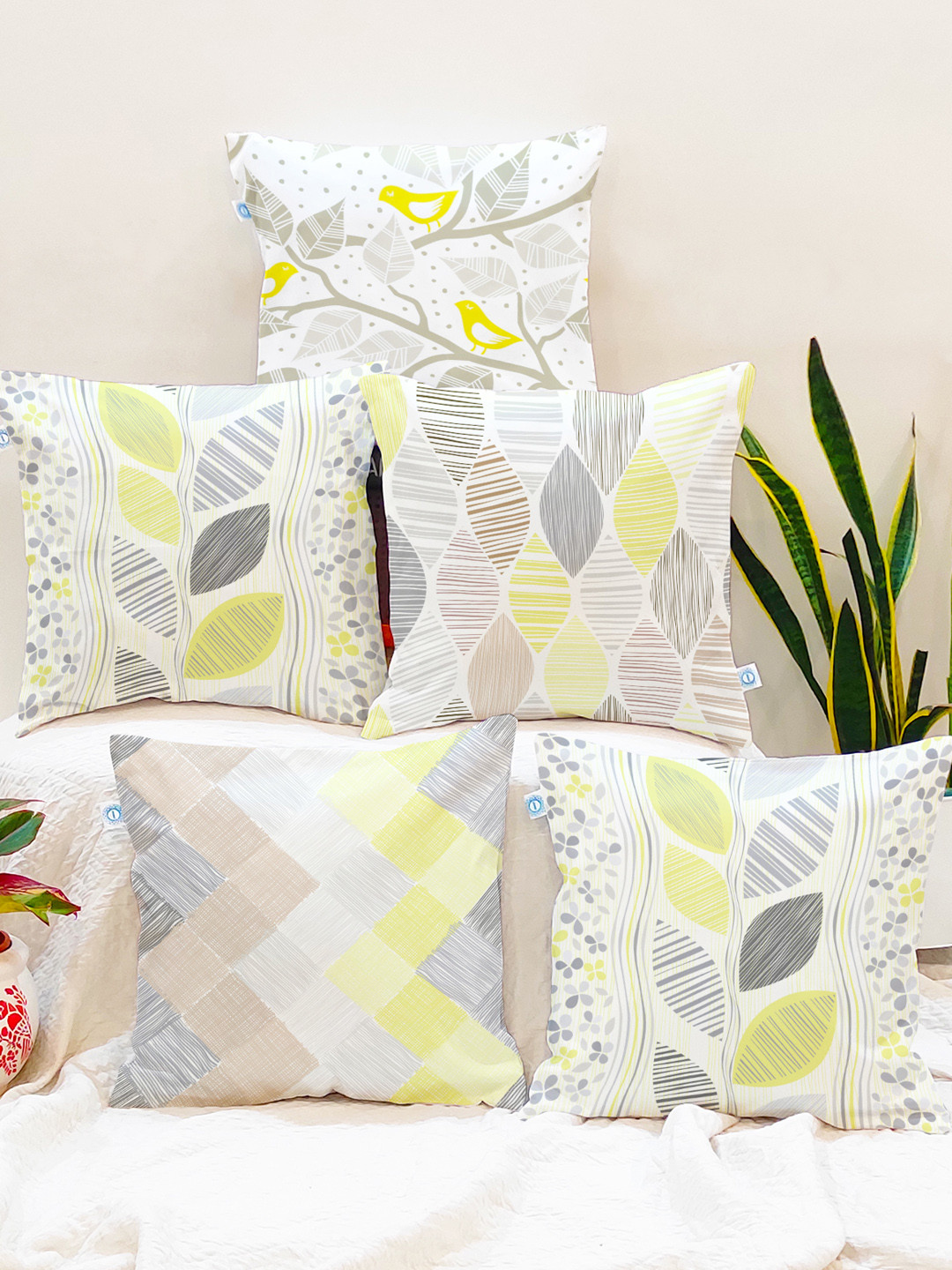 STITCHNEST Set of 5 Yellow Botanical 18'' x 18'' Cushion Cover