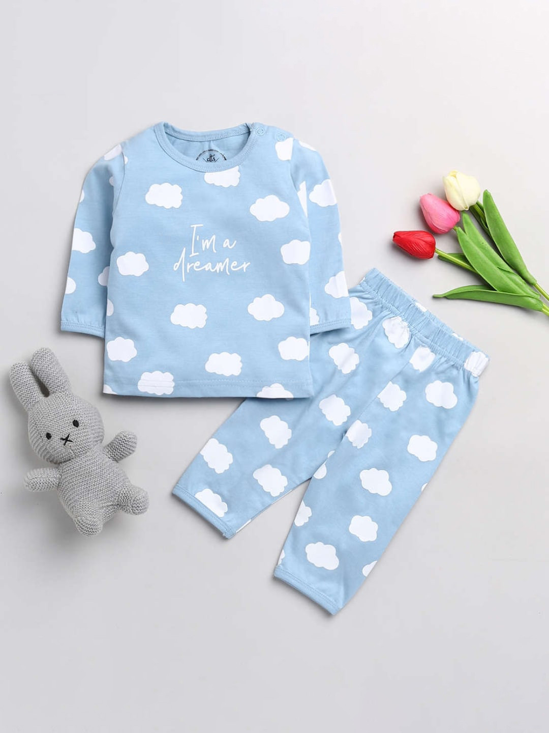 Clt.s Kids Blue & White Printed Pure Cotton Night Suit
