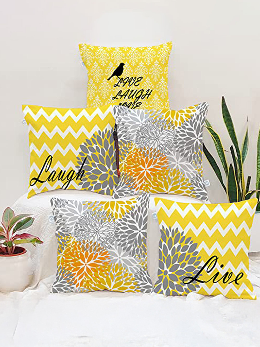 STITCHNEST Set of 5 Yellow & Grey Cotton Canvas Cushion Cover