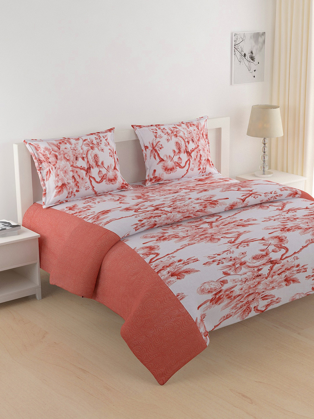 SWAYAM Orange & White Floral Printed Cotton Double King Bedding Set
