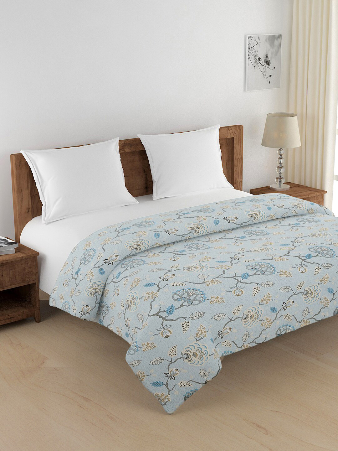 SWAYAM Blue & Beige Floral Heavy Winter 350 GSM Double Bed Quilt
