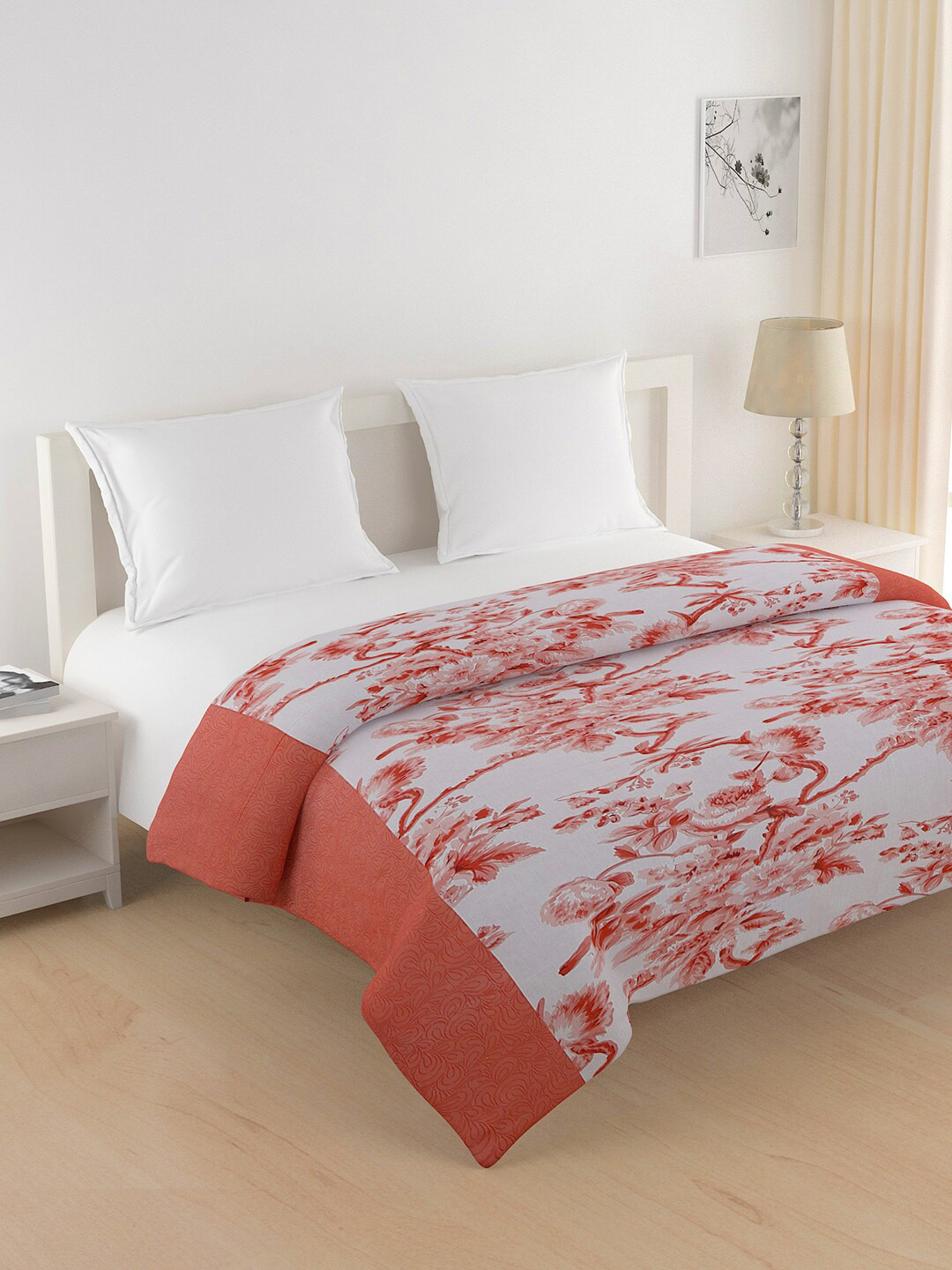 SWAYAM Orange & White Floral Heavy Winter 350 GSM Double Bed Quilt
