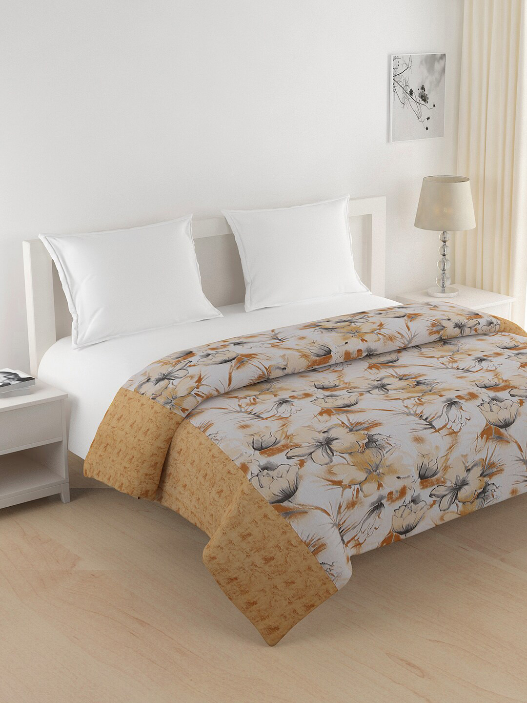 SWAYAM Yellow & White Floral Printed Cotton AC Room 150 GSM Double Bed Comforter
