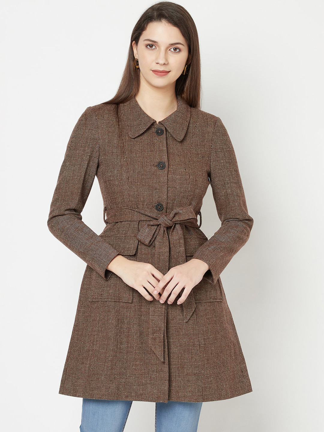 Owncraft Women Brown Self-Design Over Coat