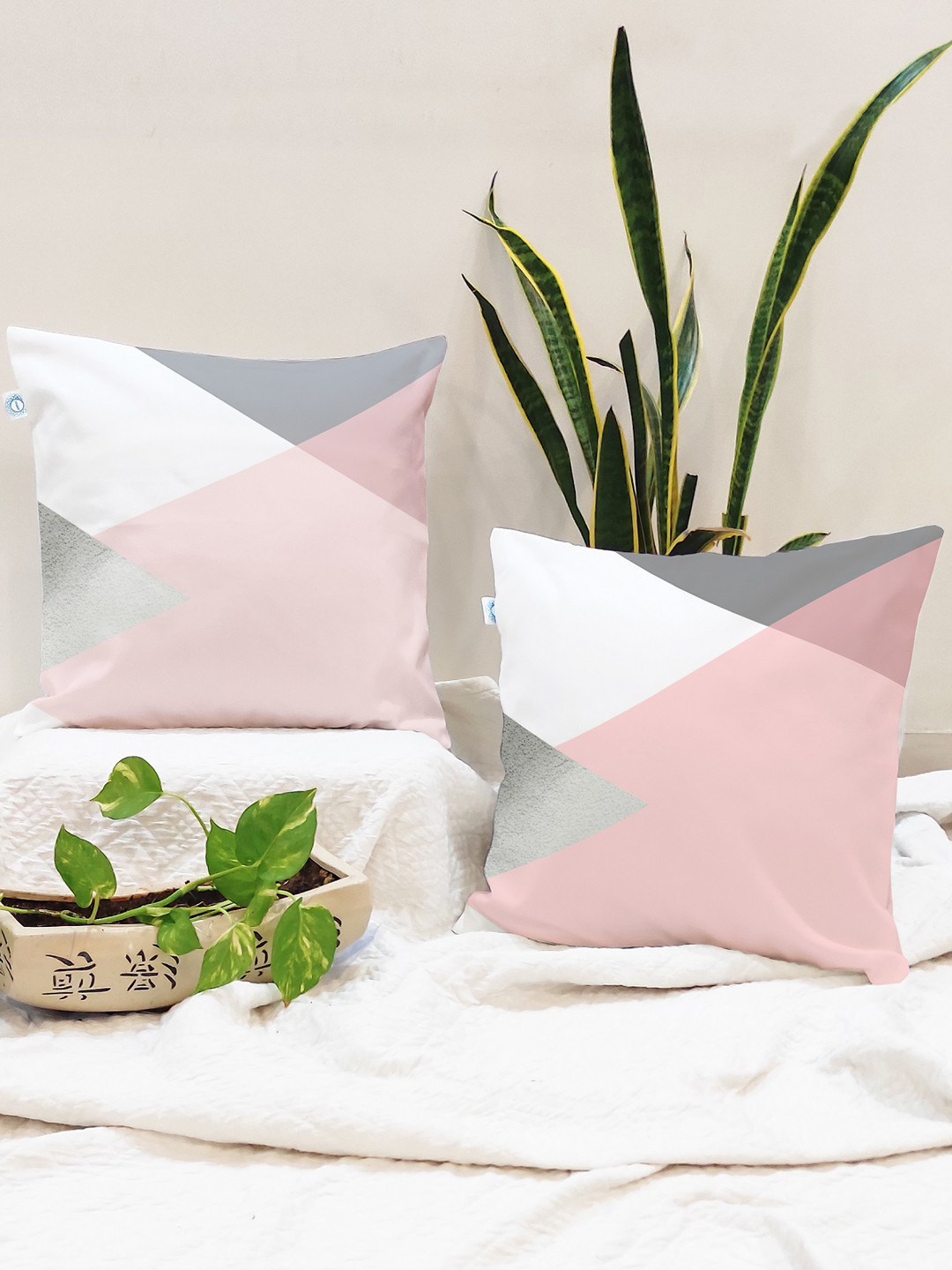 STITCHNEST Pink Geometric Cotton Lightweight 2 Pcs Square Cushion Covers - 24 x 24 In