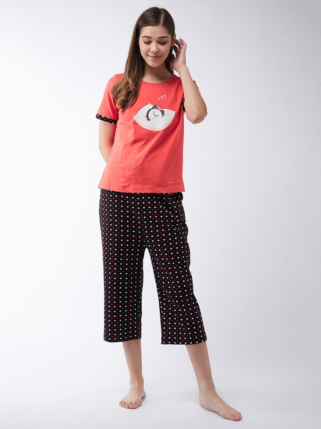 Miss Chase Women Black & Red Polk Dots Printed Pure Cotton Capris